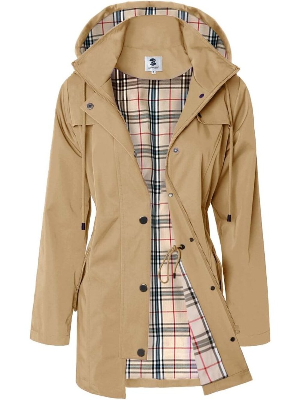 Women's Camel Hooded Plaid Lined Waterproof Drawstring Windbreaker Rain Coat